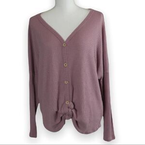 Cozy Fantastic Fawn Soft Waffle  Long Sleeve Knotted Top Small